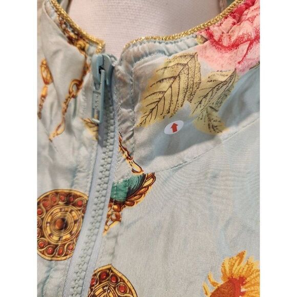 Vintage 90s Avon Silk Floral Turquoise Bomber Jacket L Baroque Jeweled Blue - Picture 6 of 9